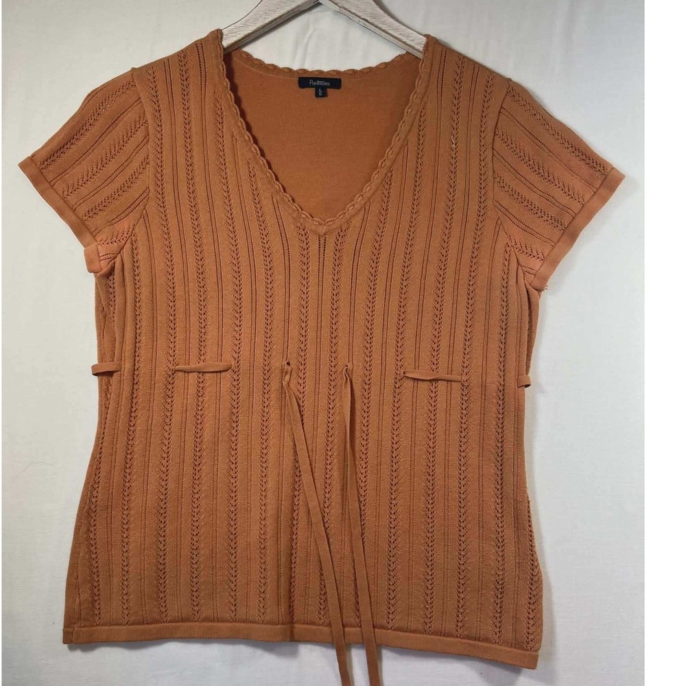 Reitmans Terracotta Orange Pointelle Knit V-Neck Short Sleeve Sweater Large